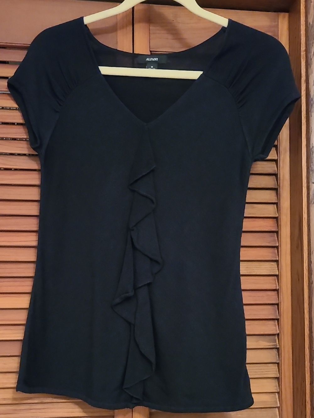 Alfani Black Short-Sleeve V-Neck Top with Front Ruffle